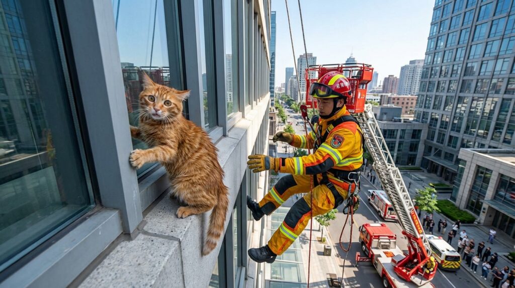 Bombeiro é acionado para salvar gato nas alturas e resgate tem desfecho é inacreditável