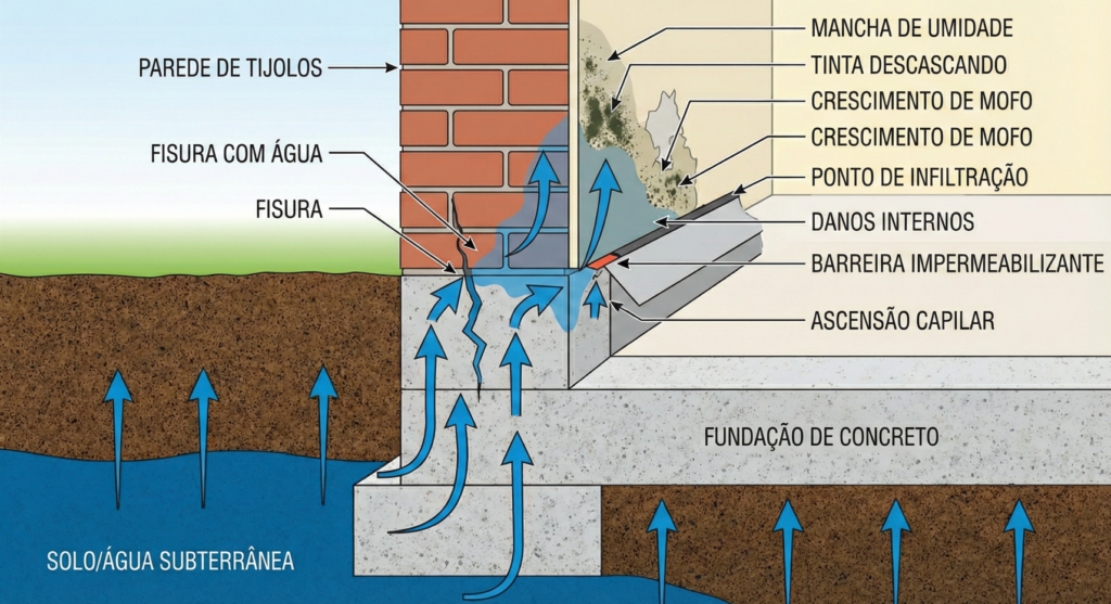 Diagrama mostra em detalhes como a infiltração se forma a partir do solo