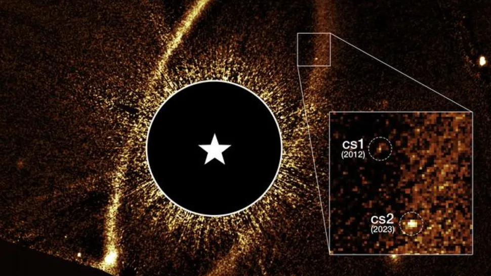 Registro do telescópio Hubble mostra o os aneis de detritos deixados pela colisão entre os corpos - Imagem: NASA, ESA, Paul Kalas/UC Berkeley. Processamento de imagem: Joseph DePasquale (STScI)