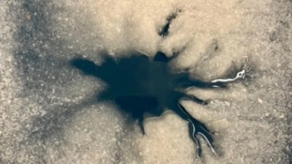 Os cientistas reproduziram em laboratório uma parte do padrão que lembra uma aranha, empregando uma técnica que simula a formação dos lagos estrela na Terra - Prof. Lauren Mc Keown