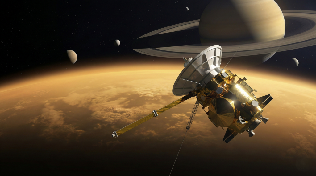 A sonda Cassini-Huygens estudou Saturno e suas luas entre os anos de 1998 e 2017, quando ela terminou sua vida útil se arremessando para a superfície de Saturno