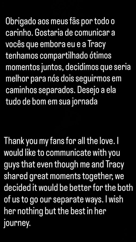 Alex Poatan anuncia separação de Tracy Cortez