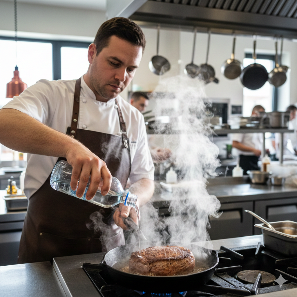 Colocar água na frigideira ao grelhar carne, por que alguns cozinheiros recomendam e qual o efeito