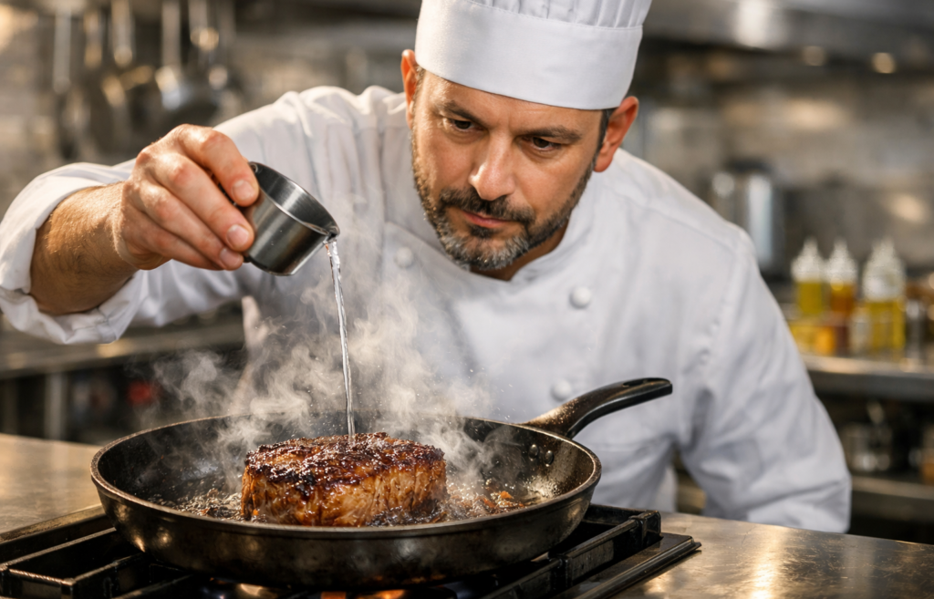 Colocar água na frigideira ao grelhar carne, por que alguns cozinheiros recomendam e qual o efeito