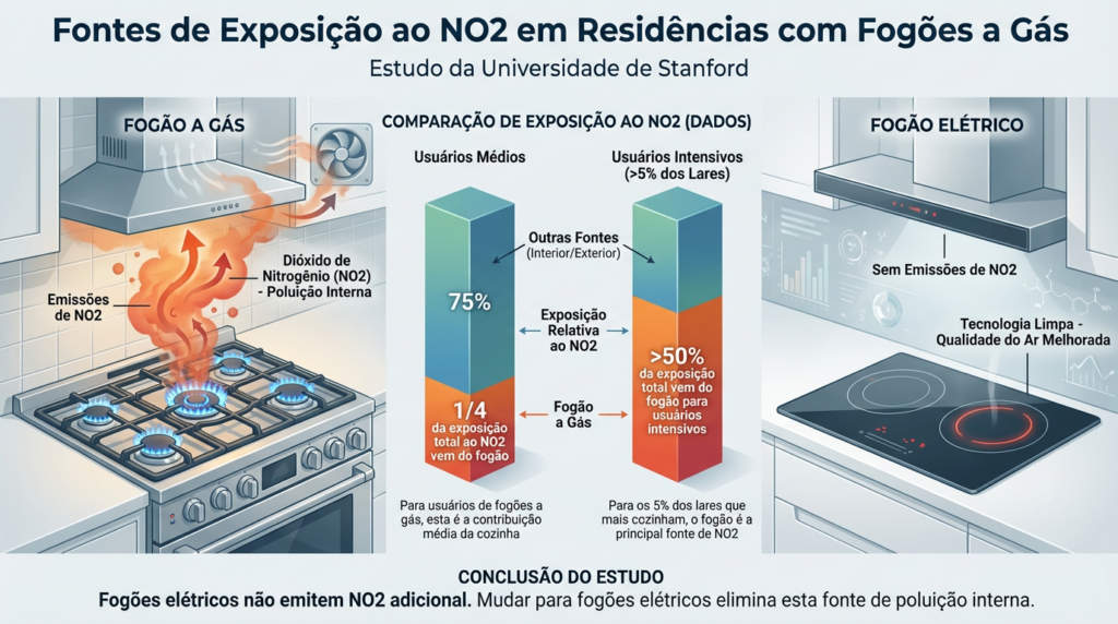 Estudo da Universidade de Stanford revela que o fogão elétrico reduz a exposição ao dióxido de nitrogênio em ambientes internos em mais de 50%..