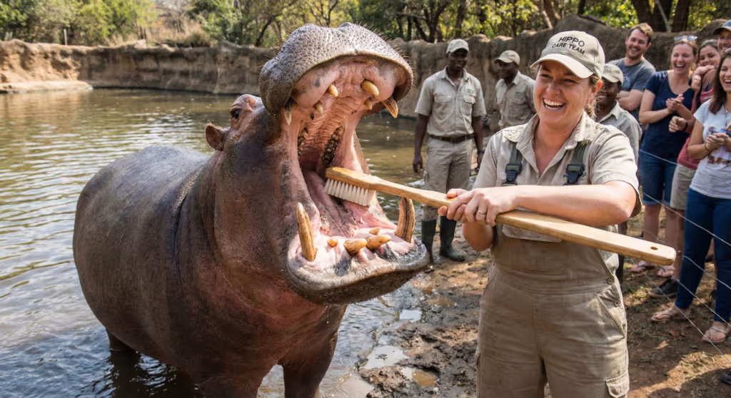 Você teria coragem? Escovar os dentes de um hipopótamo é real e dá mais medo que parece