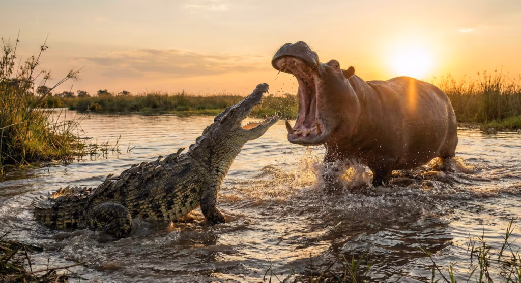 Hipopótamo invade ninho de crocodilos e a reação da mãe surpreende a todos