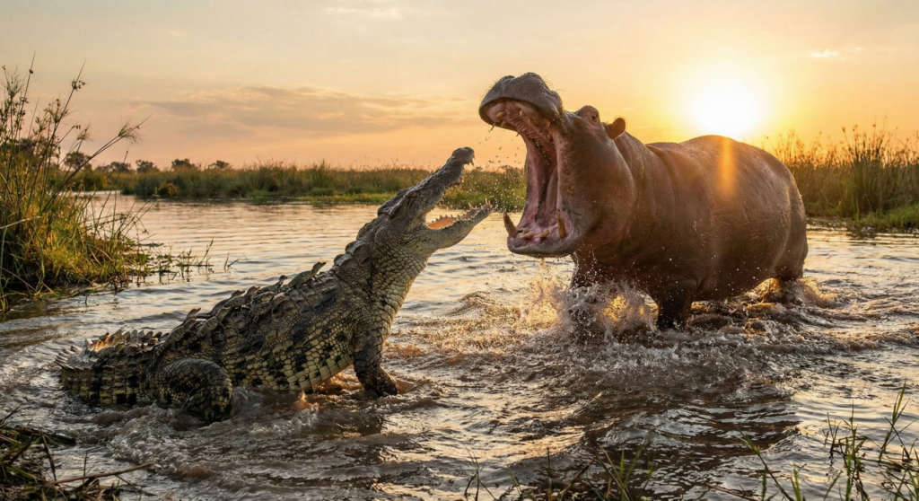 Hipopótamo invade ninho de crocodilos e a reação da mãe surpreende a todos