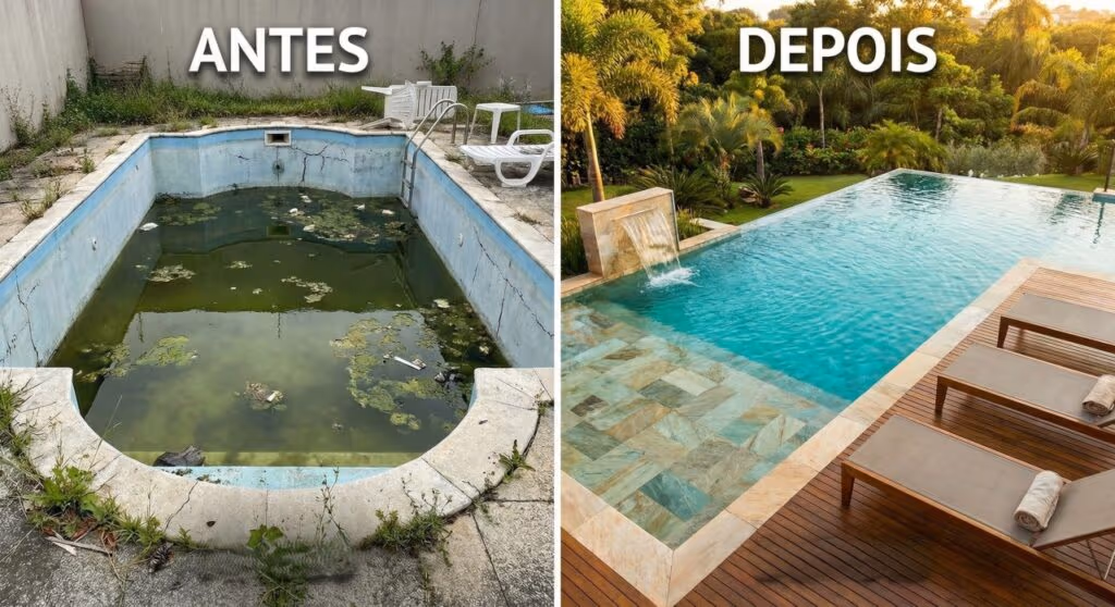 Com pouco dinheiro e criatividade, ele transformou uma piscininha velha em um quintal com cara de resort
