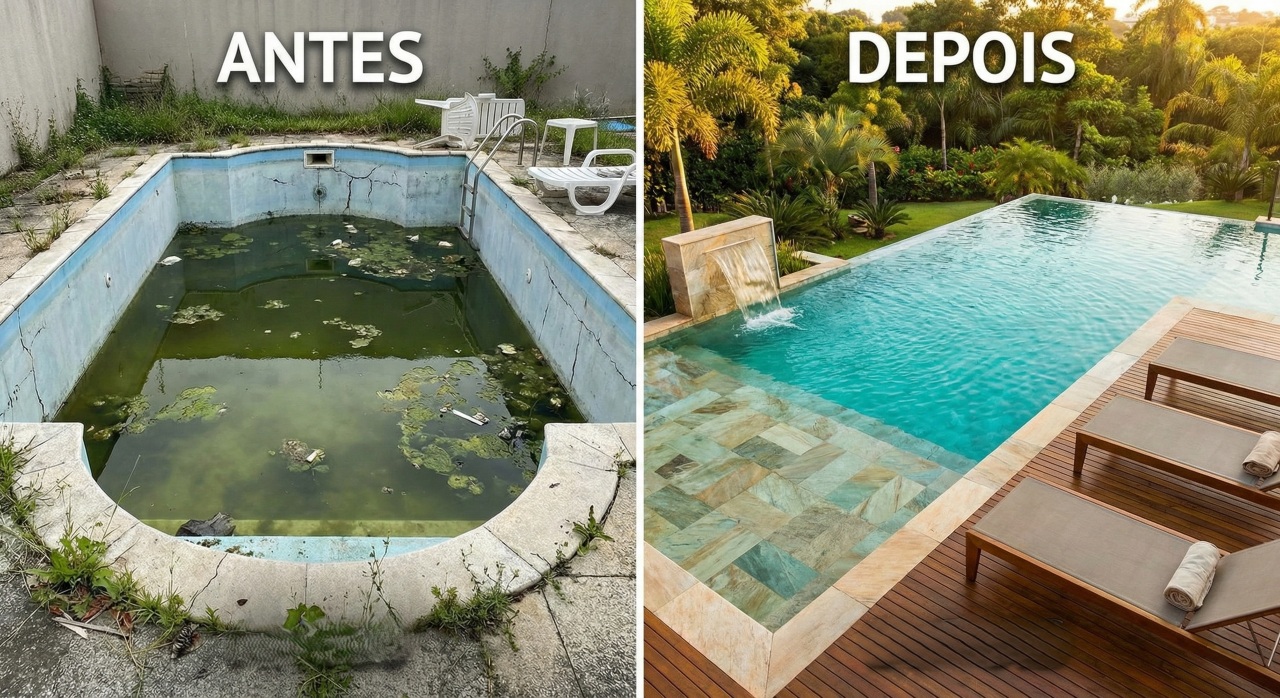 Com pouco dinheiro e criatividade, ele transformou uma piscininha velha em um quintal com cara de resort