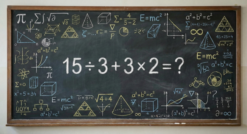 Você consegue resolver a equação 15 ÷ 3 + 3 × 2 em menos de 20 segundos?