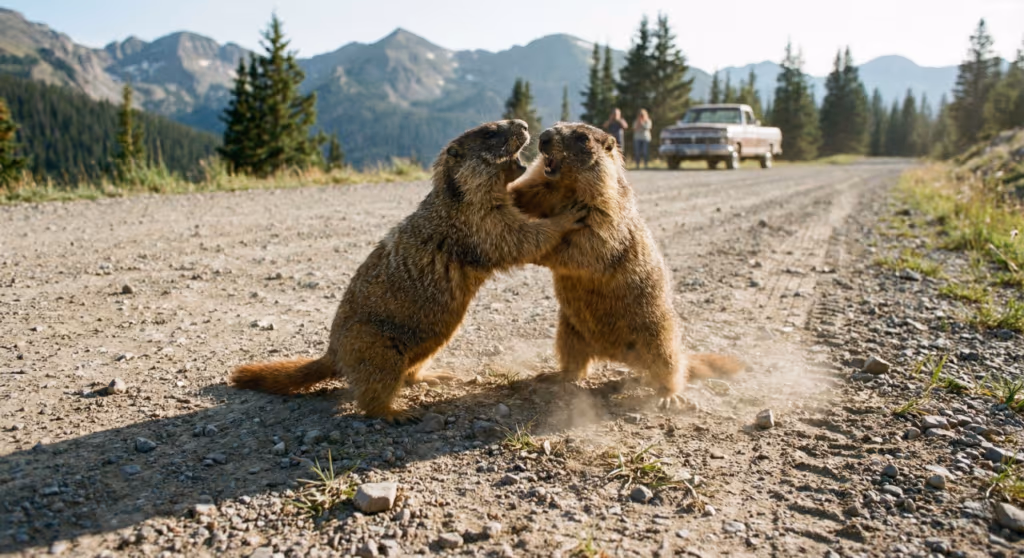 Duas marmotas no tapa no meio da estrada e o trânsito parado só assistindo tudo