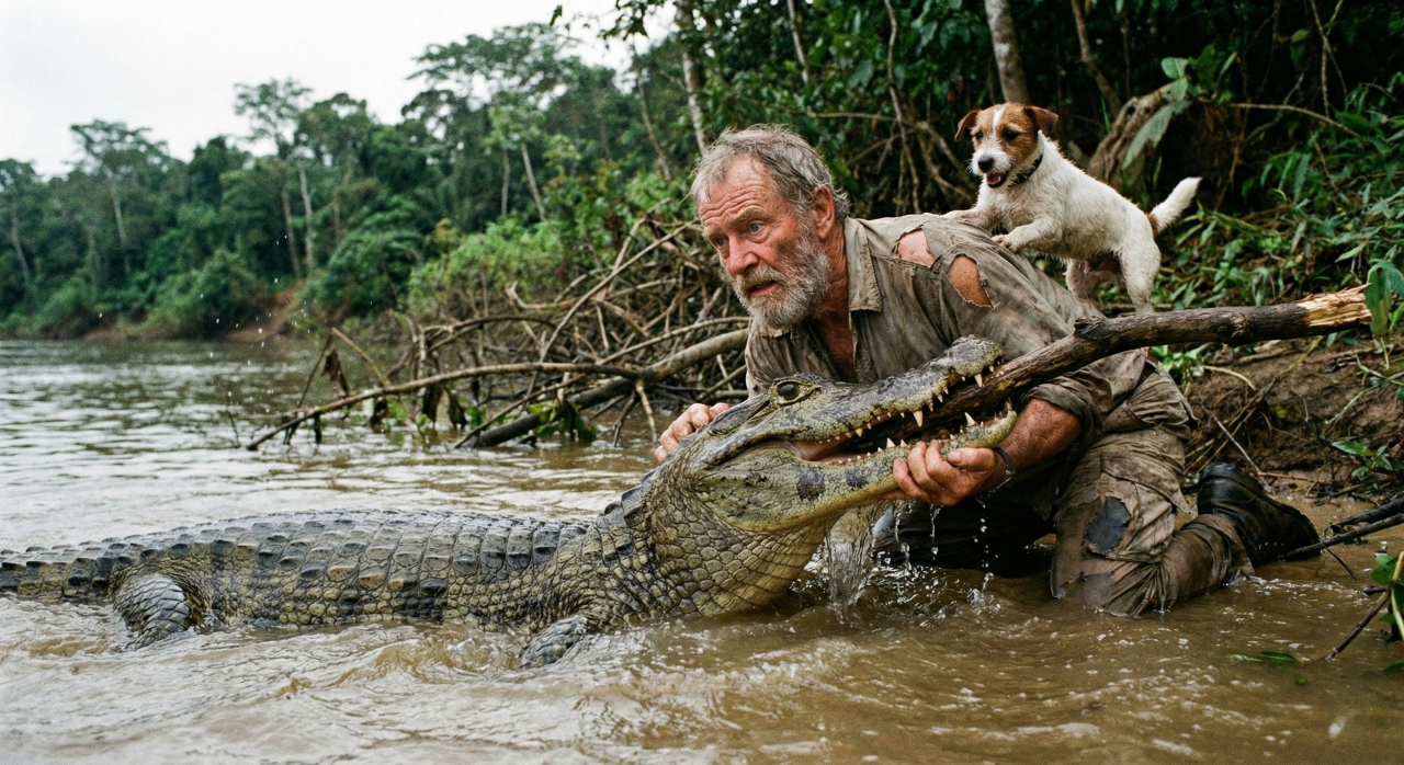 Homem de 74 anos luta com jacaré e retira seu filhote de cachorro da boca do bicho