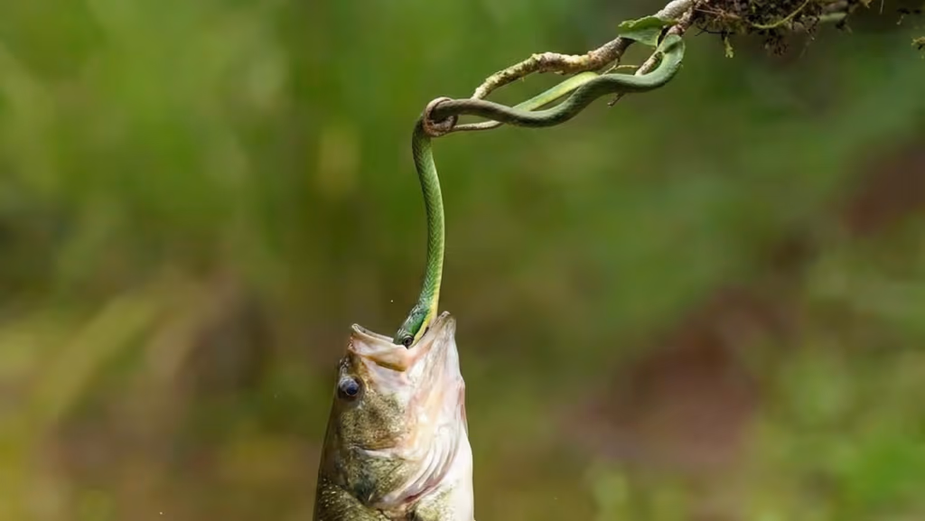 Peixe morde cobra sem querer e seu amigo parte para o resgate