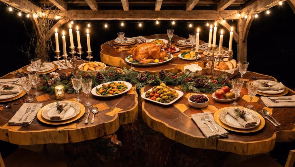 Mesa feita com tronco de árvore gigante e desenho geométrico embutido conquista a internet