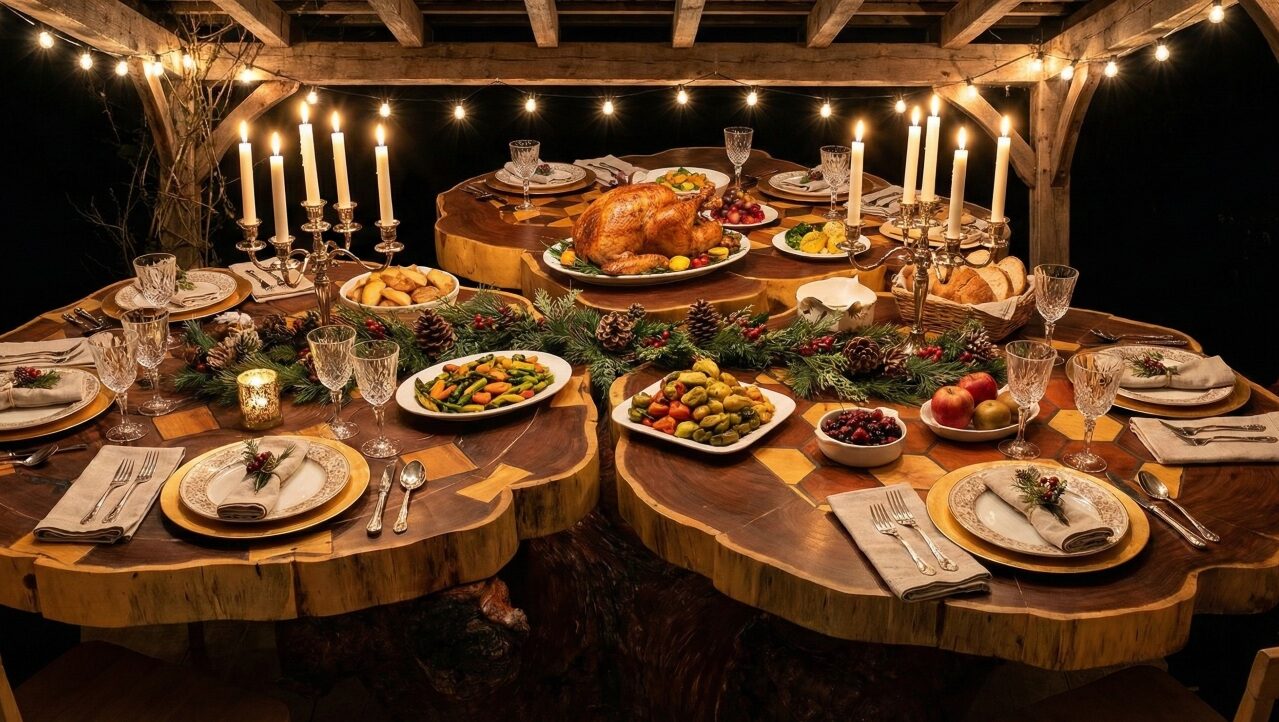 Mesa feita com tronco de árvore gigante e desenho geométrico embutido conquista a internet