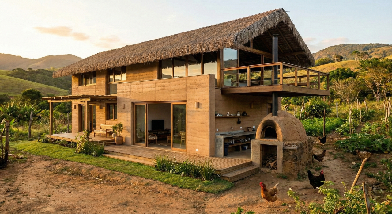 Casa feita de terra e madeira impressiona: não usa ar-condicionado, tem telhado verde e planta até remédio no quintal
