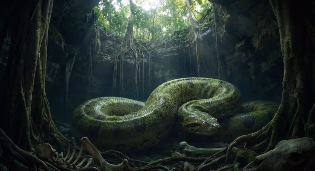 Sucuri gigante vive isolada em buraco com mais de 100 metros de profundidade