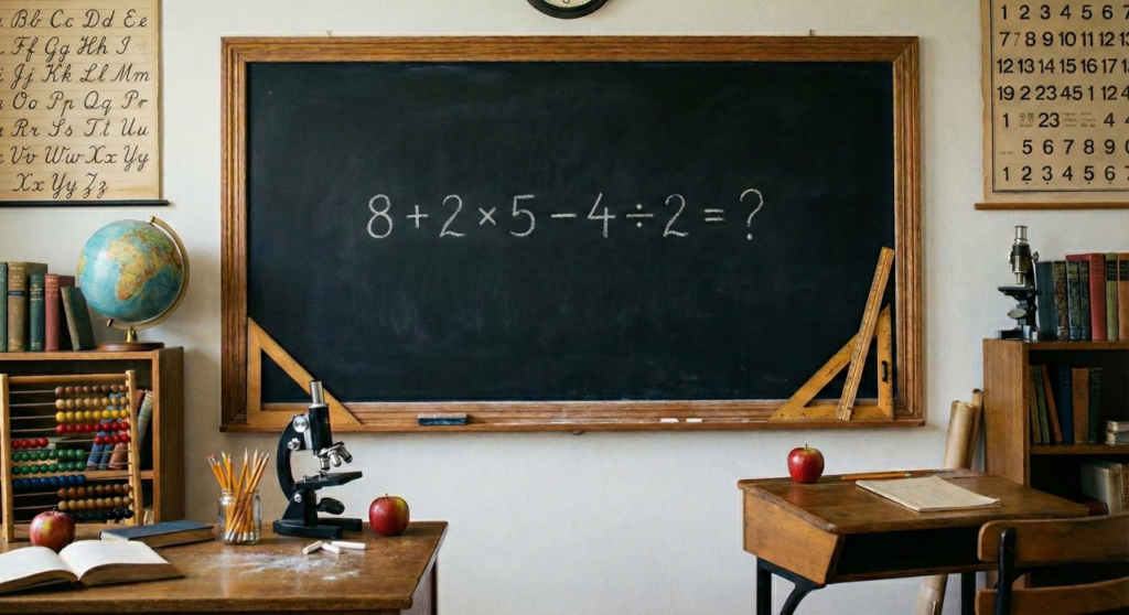 Você consegue resolver a equação 8 + 2 × 5 – 4 ÷ 2 em menos de 26 segundos?