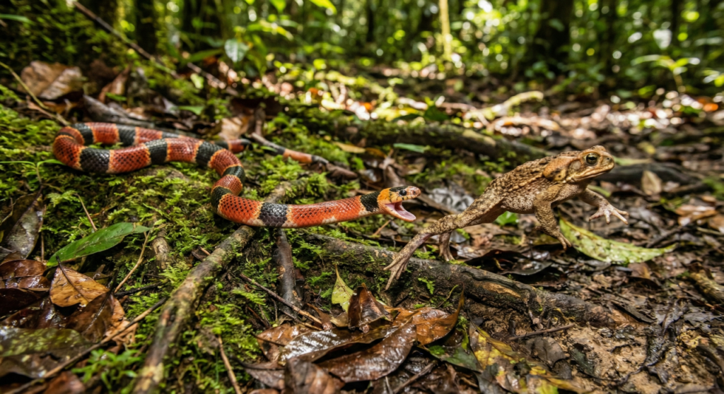 Sapo vira janta de cobra após tentar fugir e ficar cansado