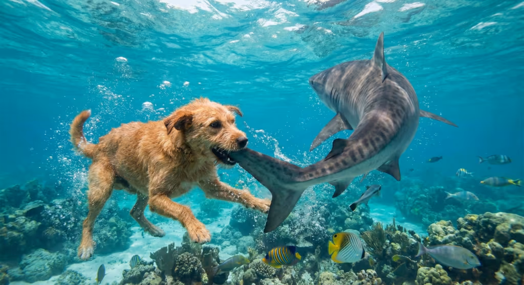 Cachorro caramelo morde cauda de tubarão em praia e surpreende o mundo