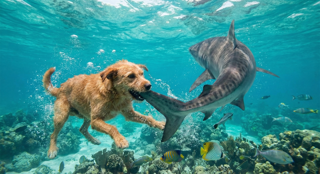 Cachorro caramelo morde cauda de tubarão em praia e surpreende o mundo