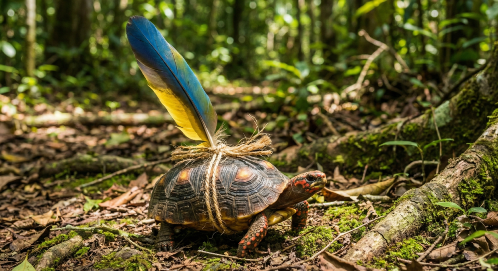 Jabuti com uma pena amarrada vira o centro das atenções e deixa pavão no vácuo