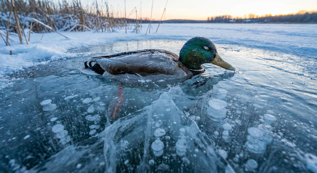 Frio intenso congela pato na neve e homem parte para o resgate