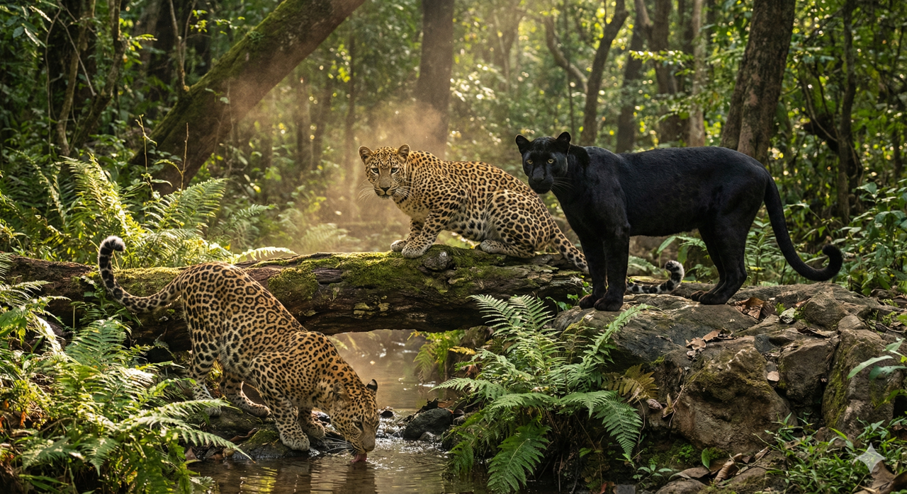Câmeras flagram dois leopardos e uma pantera-negra caminhando juntos