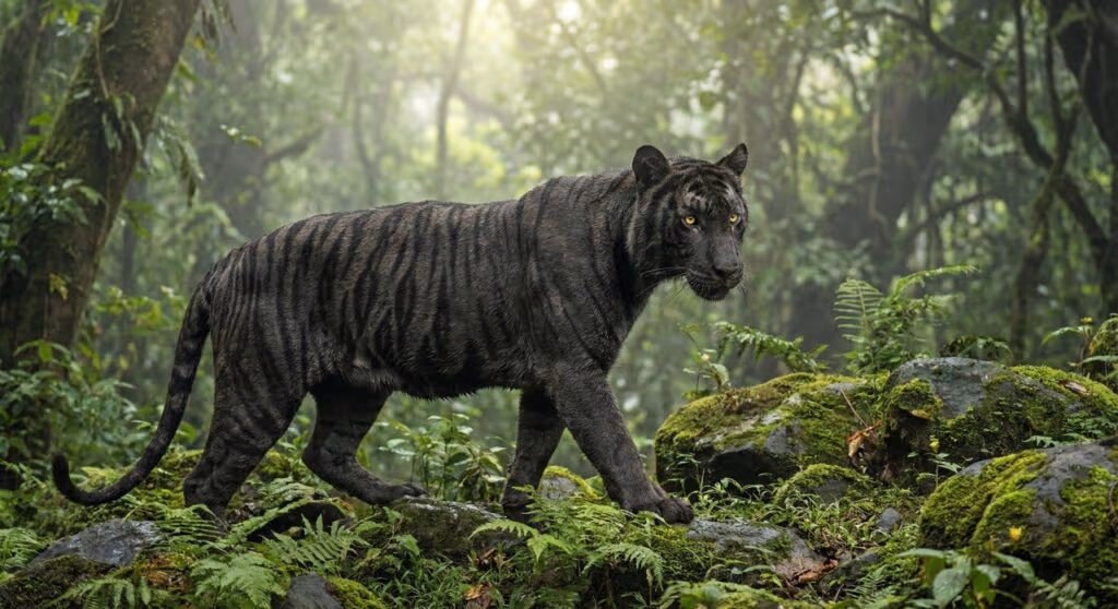 Com aparência única, raríssimo tigre negro é flagrado em floresta marcando território