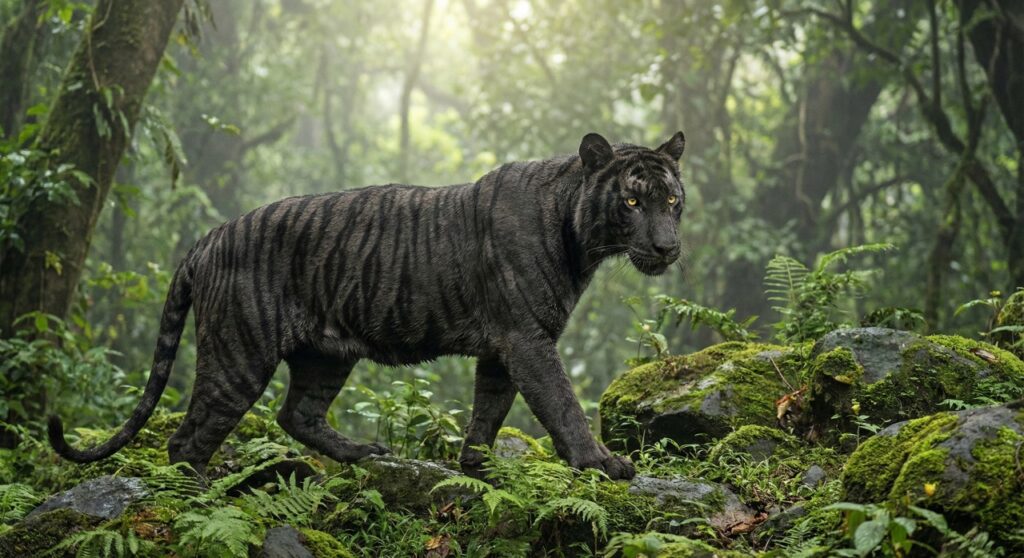 Com aparência única, raríssimo tigre negro é flagrado em floresta marcando território