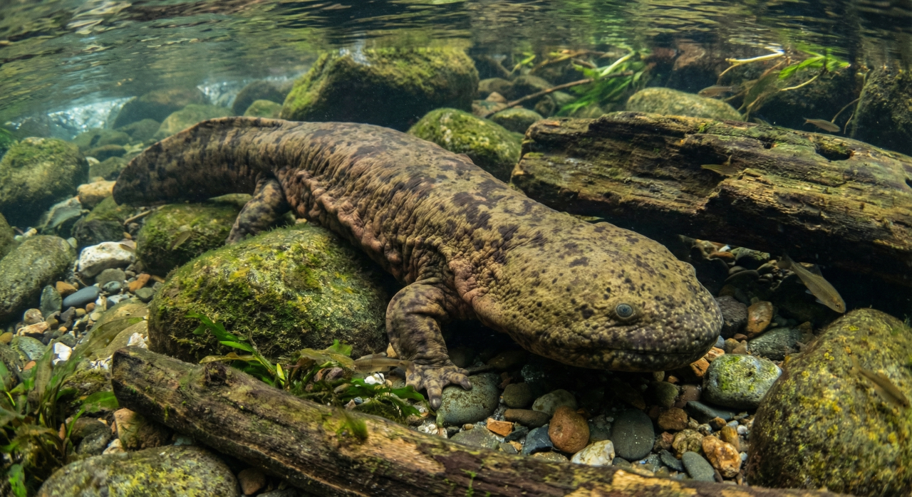 Essa salamandra gigante pode chegar a até 1,5 metros e vive escondida nos rios