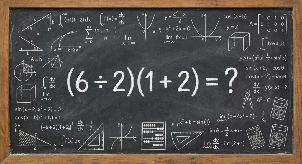 Você consegue resolver (6 ÷ 2)(1 + 2) em menos de 24 segundos?