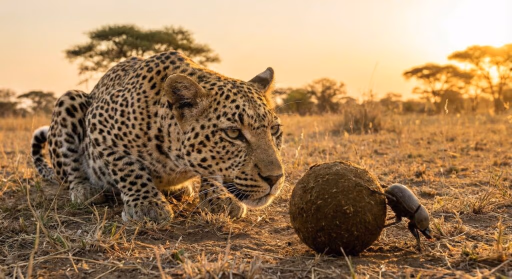 Leopardo para tudo para observar besouro rola-bosta e a cena gera risadas