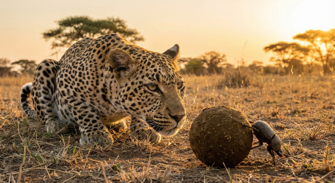 Leopardo para tudo para observar besouro rola-bosta e a cena gera risadas