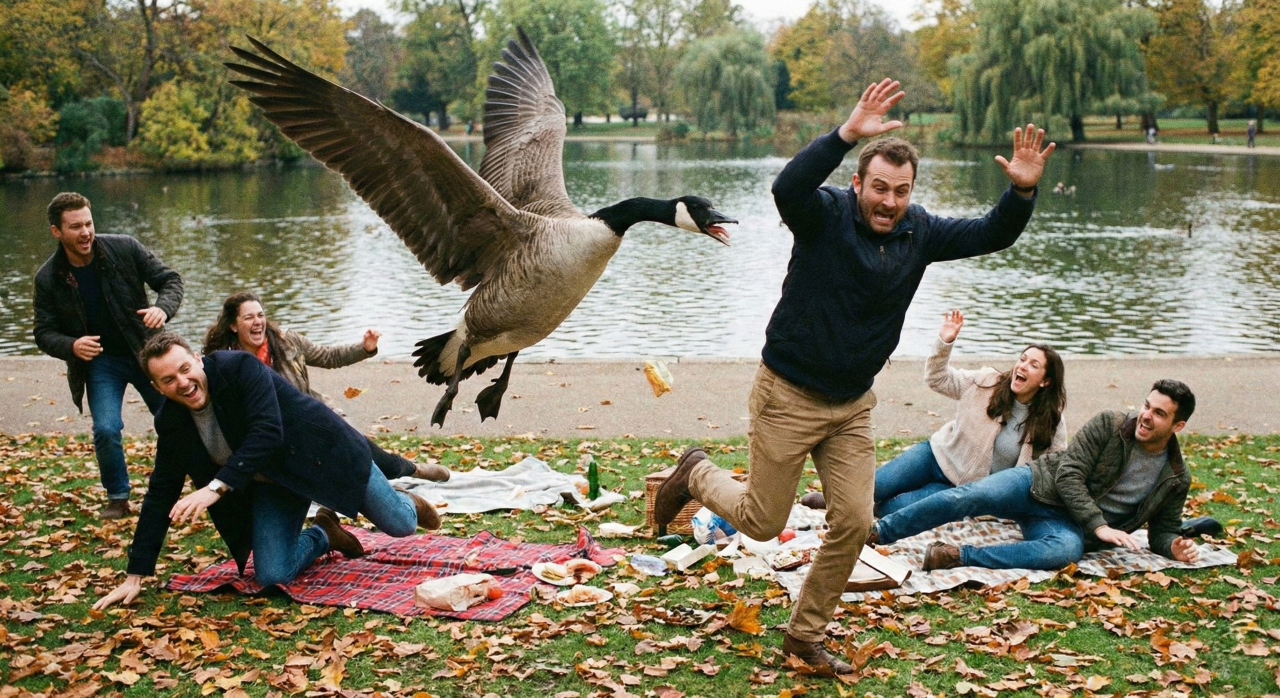 Ganso furioso ataca pedestres desavisados que entram no seu caminho
