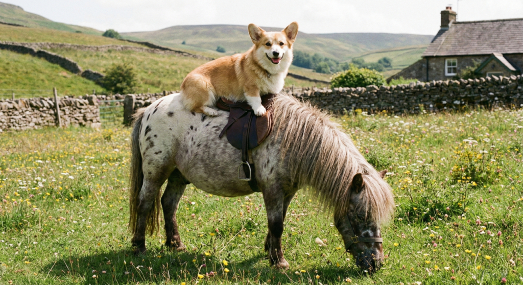 Mulher flagra Corgi da vizinha invadindo seu quintal para virar caubói no pônei