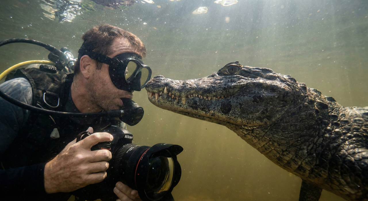 Imagem de um homem nadando em direção a um jacaré