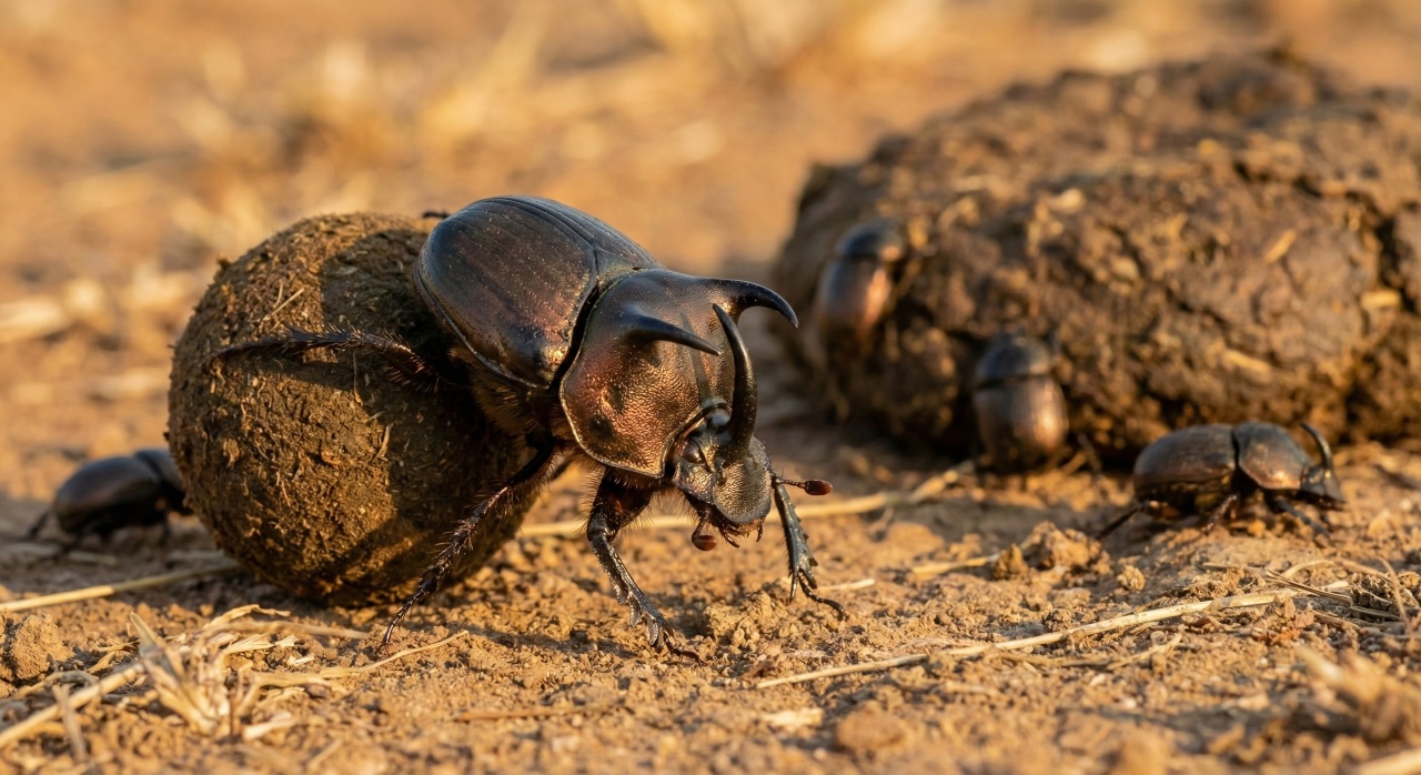 Cena curiosa flagra um Besouro rola-bosta atropelando sapos com fezes de animais