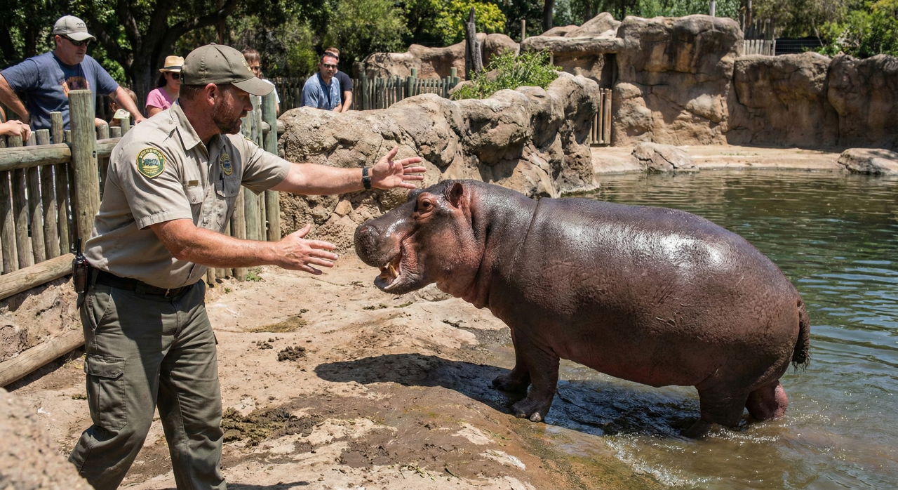 Segurança encara hipopótamo à mão limpa e vídeo levanta mais perguntas que aplausos