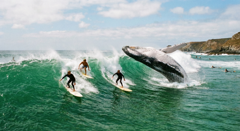 Baleia divide as ondas com surfistas em Byron Bay e vídeo já roda o mundo