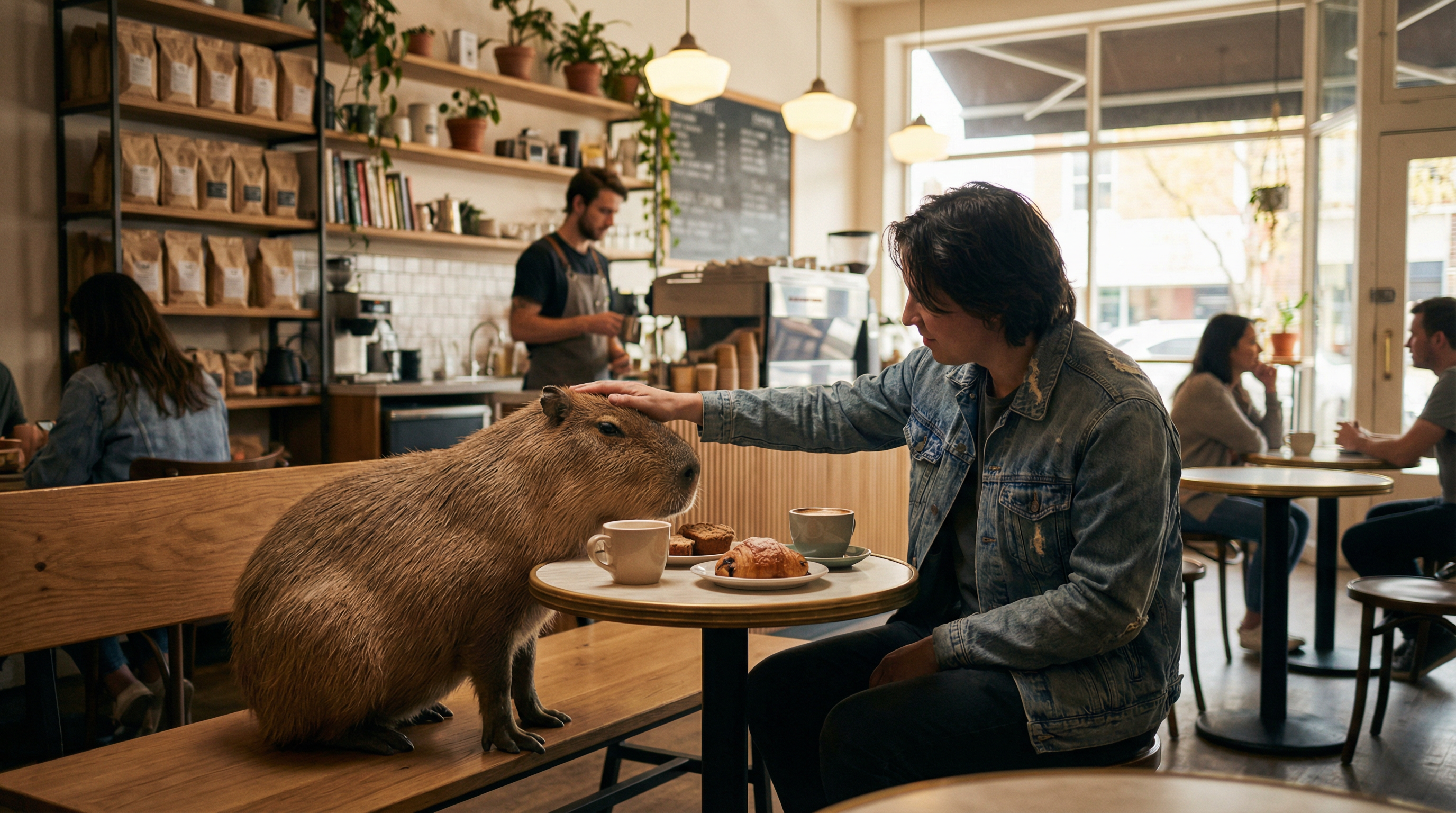 Nessa cafeteria você lancha com as capivaras e pode até alimenta-las