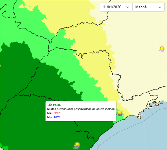Previsão do tempo para a cidade de São Paulo neste domingo, 11