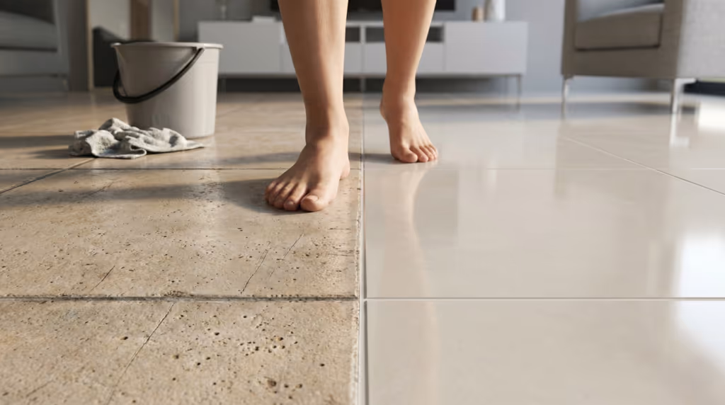 Piso cerâmico ou porcelanato? O que muda na limpeza, no conforto e na rotina da casa