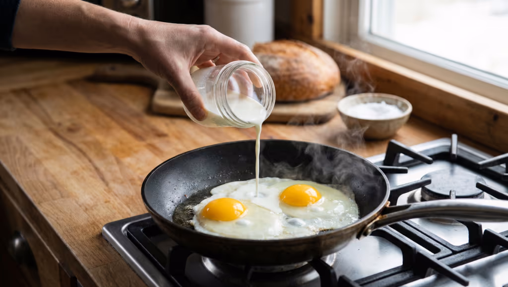 Jogar leite na frigideira ao fritar ovos: por que recomendam e para que serve