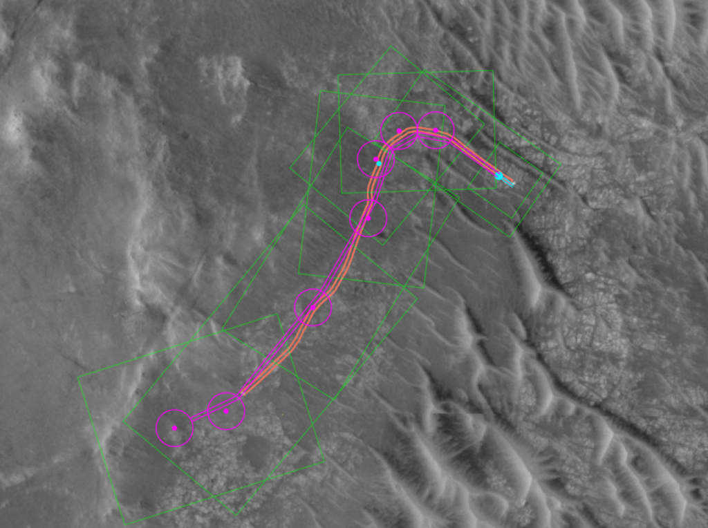 As linhas em magenta mostram a rota criada pela IA Claude, as linhas laranja mostram o caminho que o rover tomou com base no planejamento - NASA/JPL-Caltech/UofA