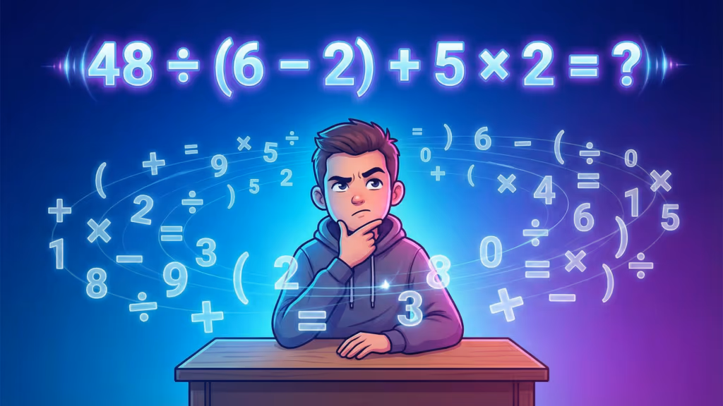 Quanto é 48 ÷ (6 – 2) + 5 × 2?