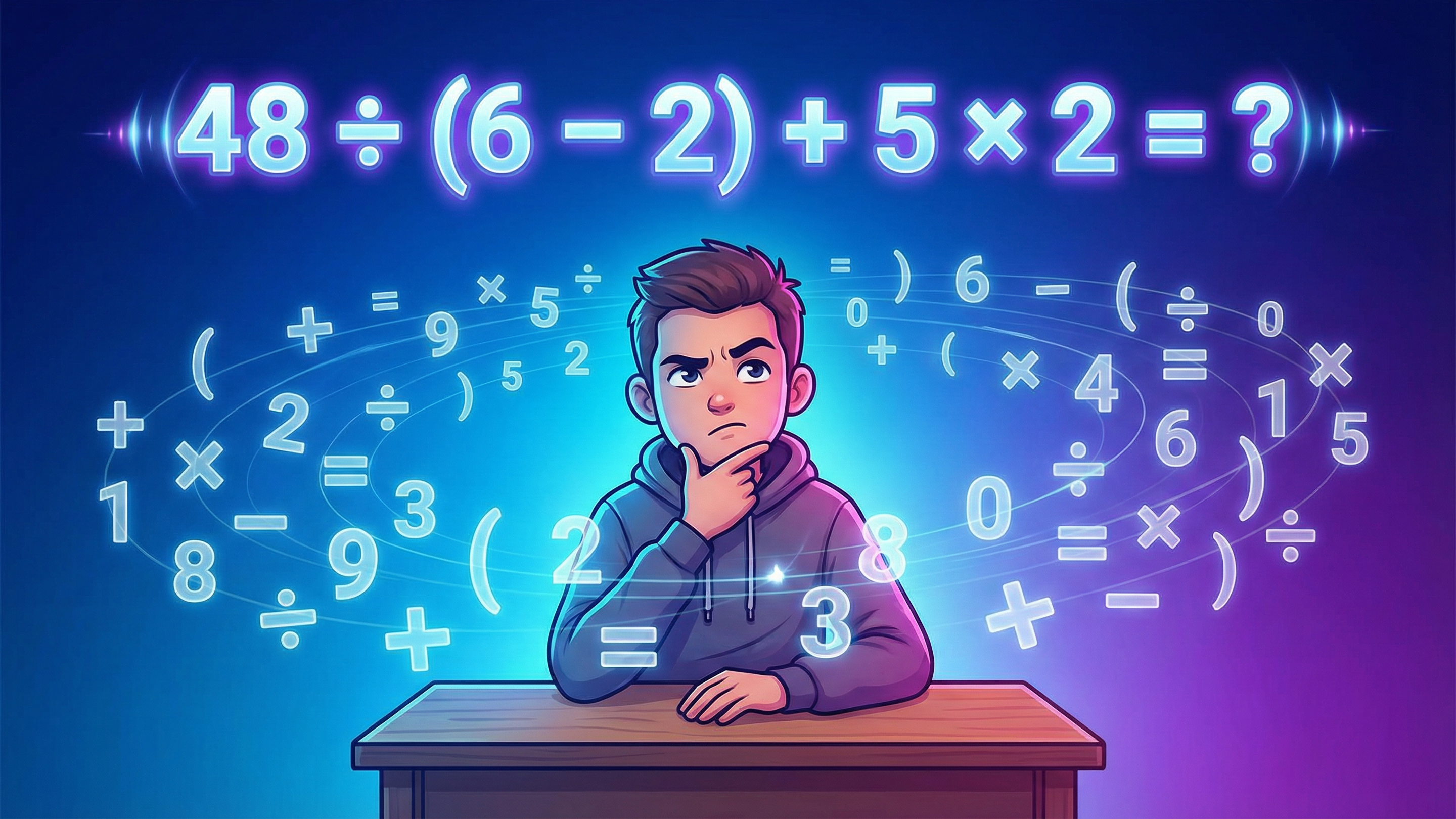 Quanto é 48 ÷ (6 – 2) + 5 × 2?