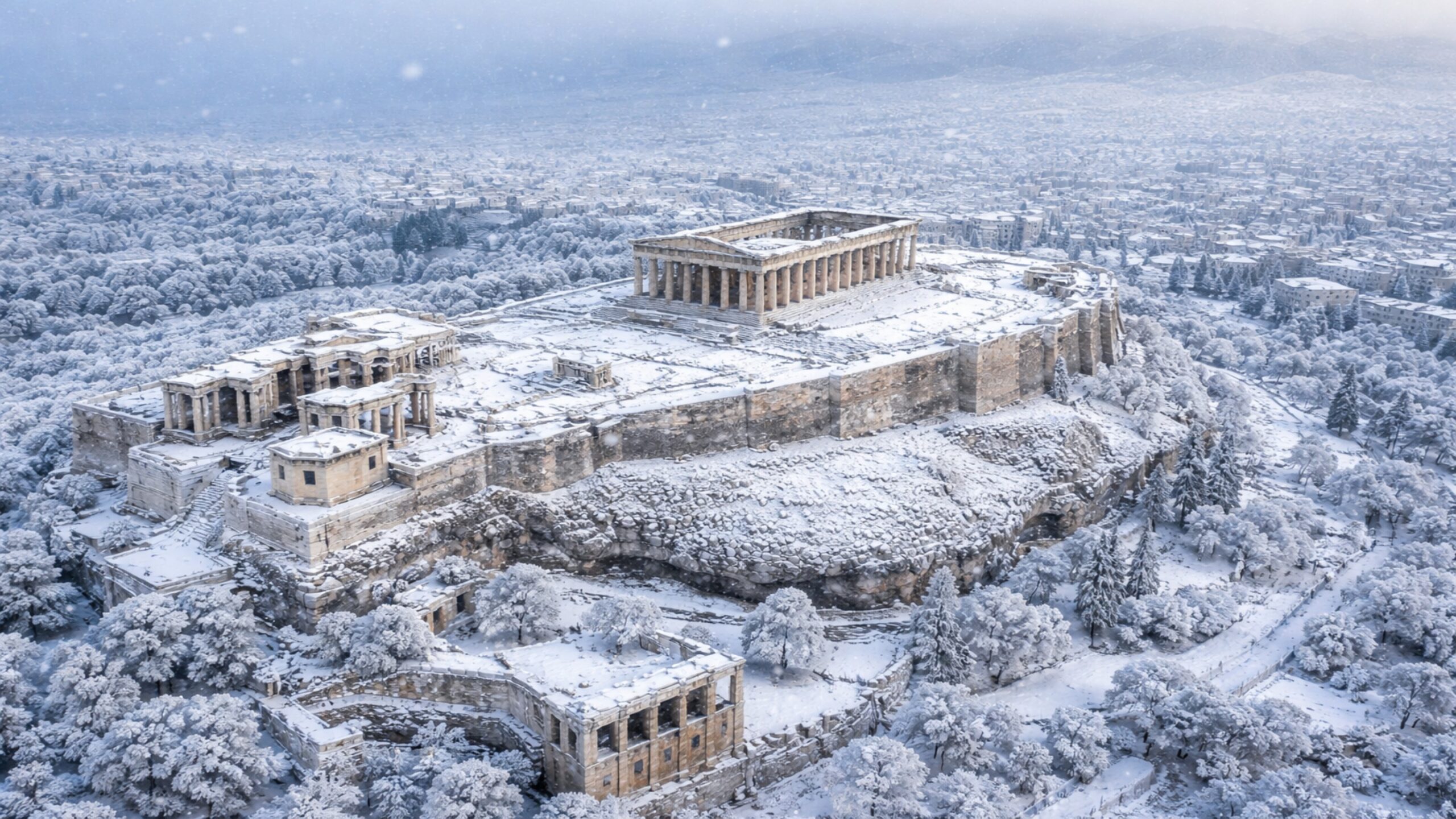 Acrópole de Atenas, a casa do filósofos gregos, aparece completamente coberta por neve e cria efeito espetacular