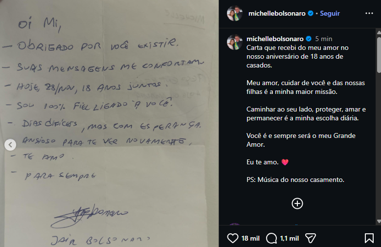 Michelle divulga carta escrita por Bolsonaro em aniversário de casamento